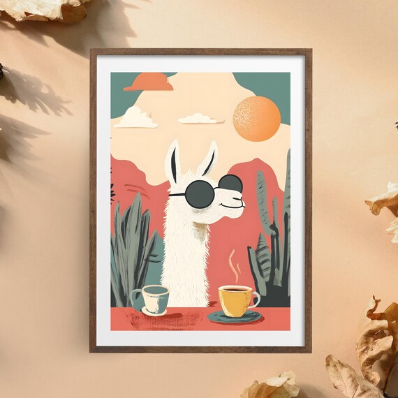 Cool Llama in Sunglasses with Two Coffee Cups on a Desert Poster