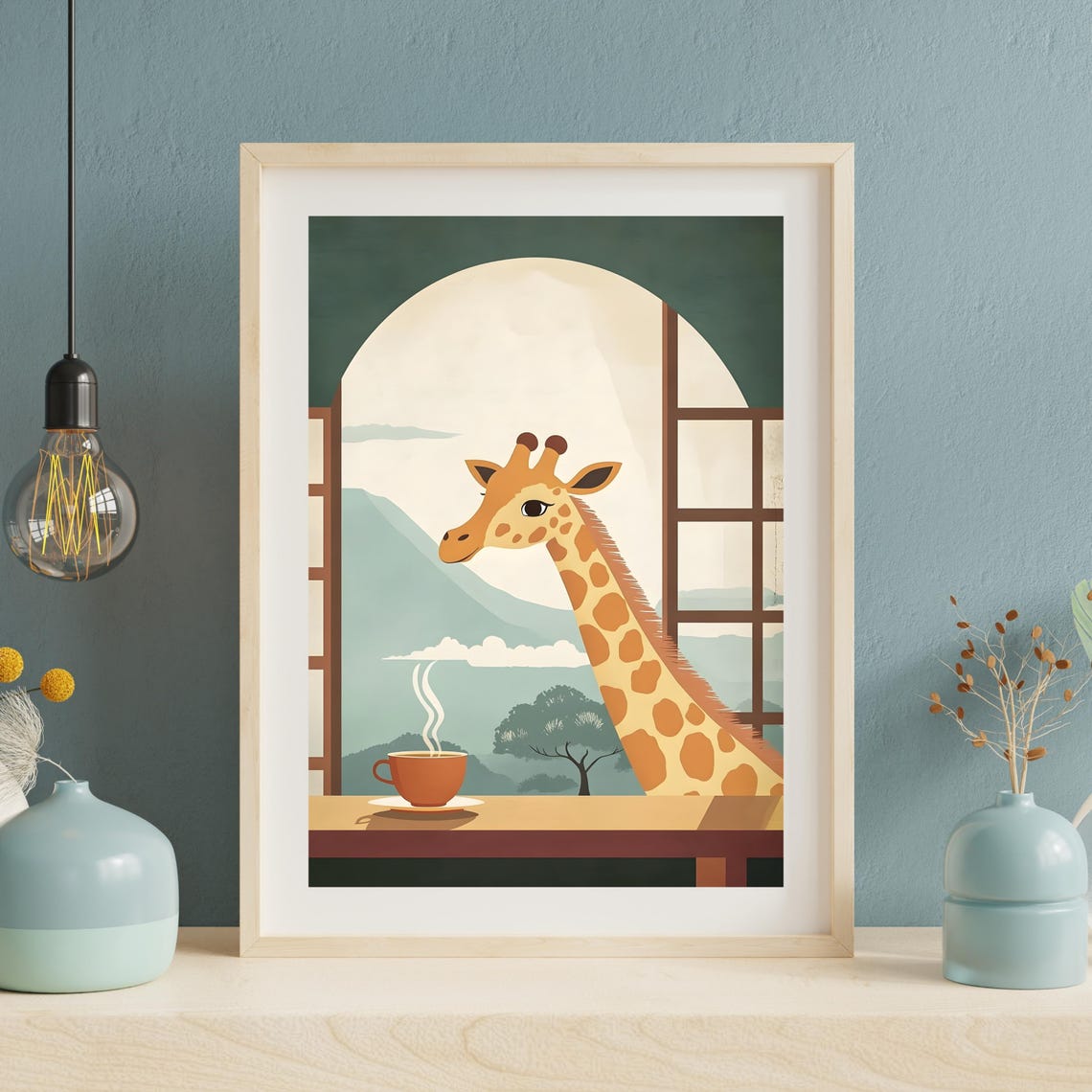 Giraffe Peeking Through A Window At A Steaming Cup Of Coffee Poster