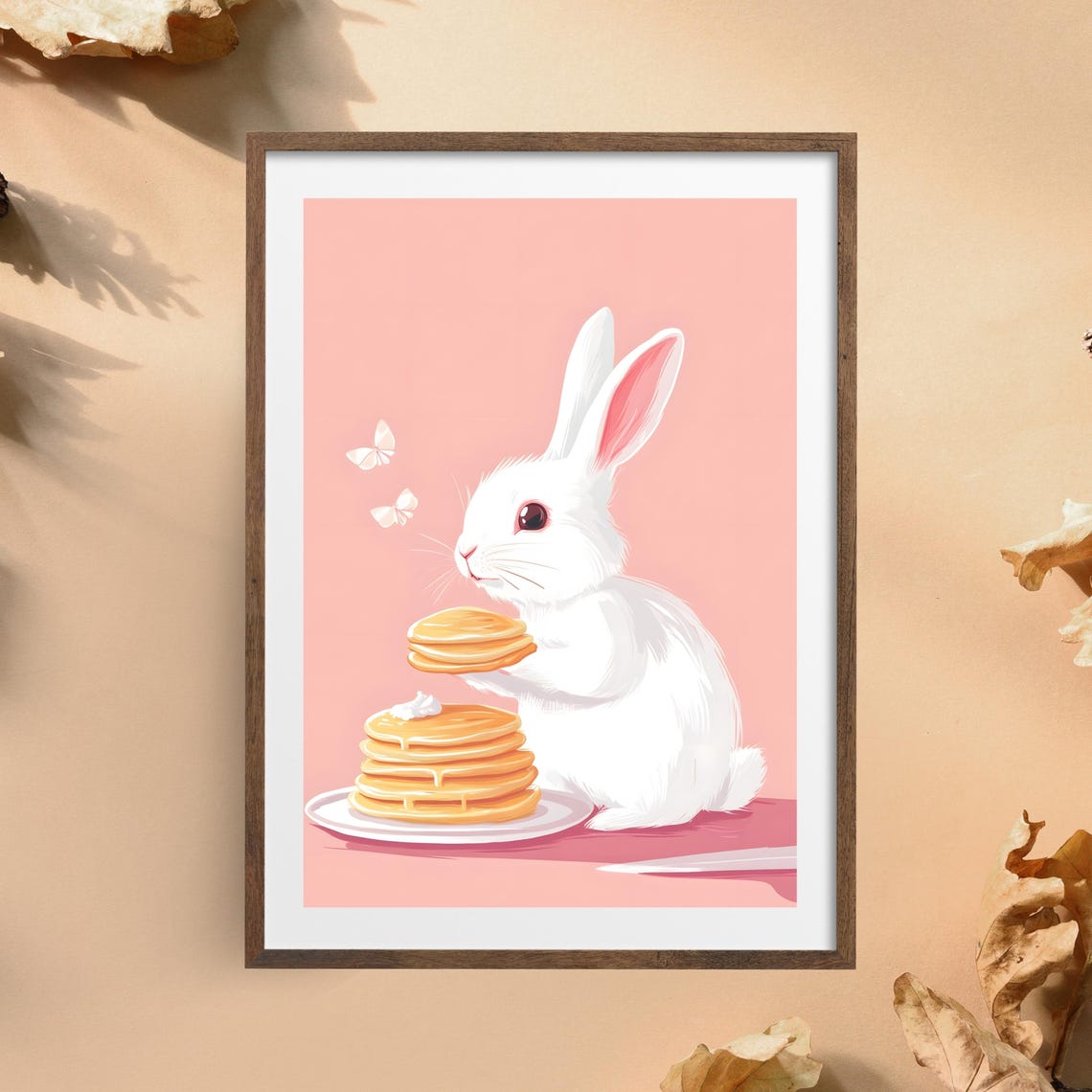 Cute White Rabbit Holding a Tall Stack of Pancakes with Butter Poster - Image 5