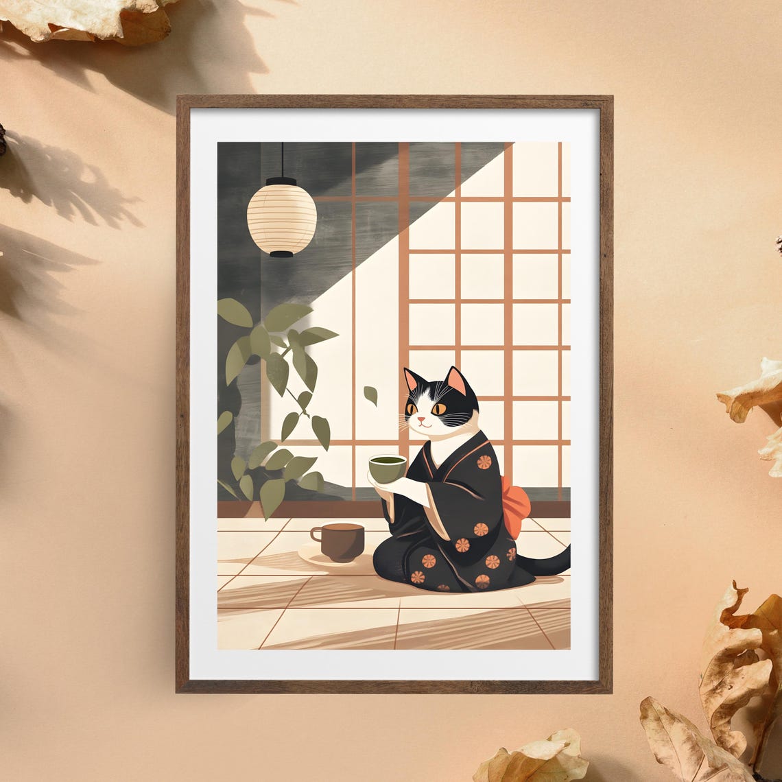 Black and White Cat in Kimono Drinking Tea by Shoji Screen Poster