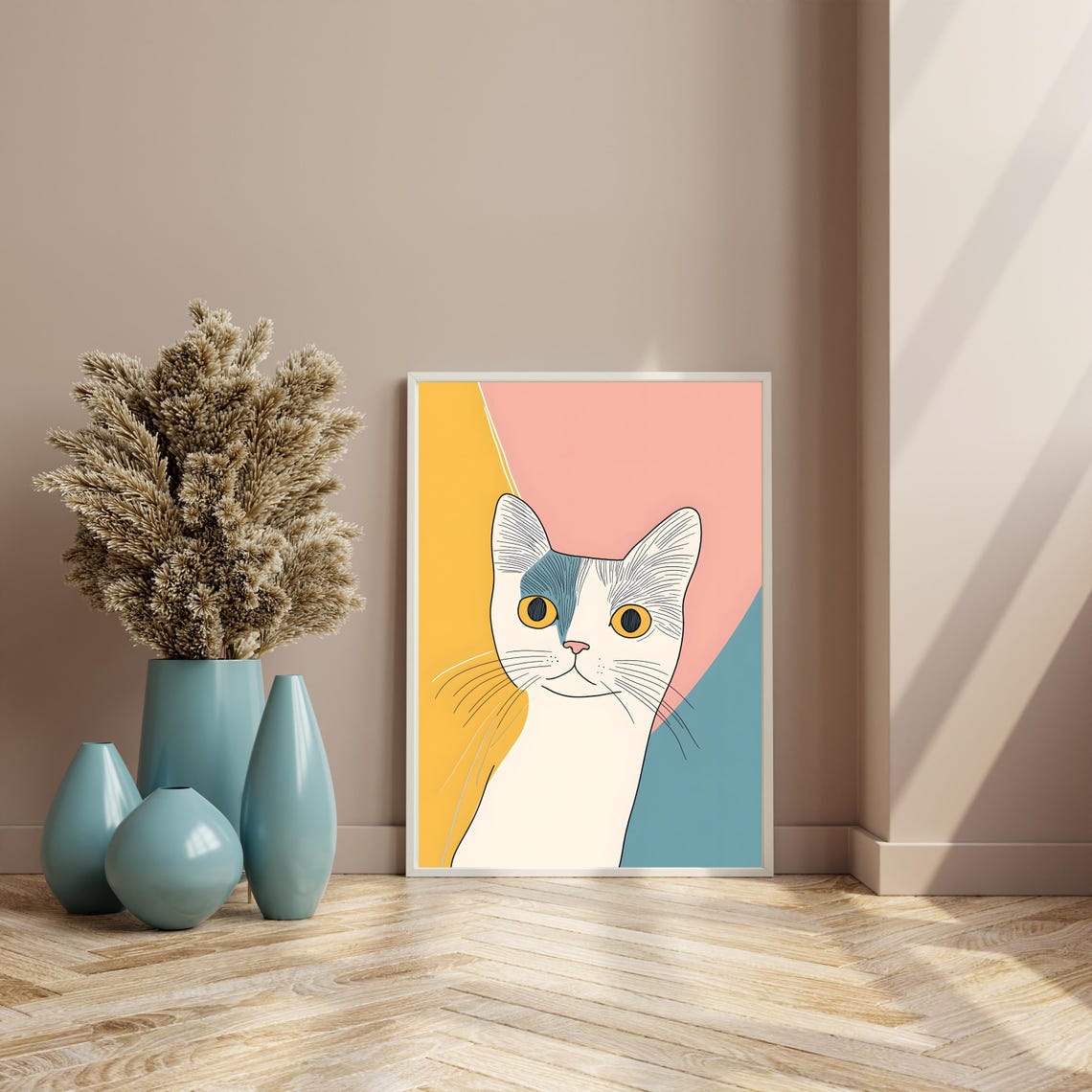 Minimalist Cat Portrait On Pastel Color Blocks Modern Line Art Print - Image 8