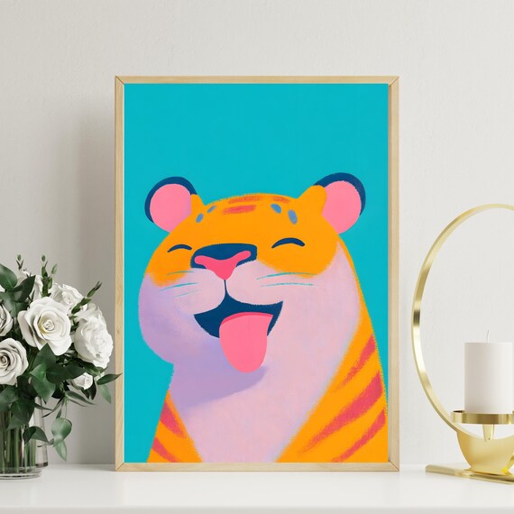 Cheerful Orange Tiger with Tongue Out on Bright Turquoise Poster