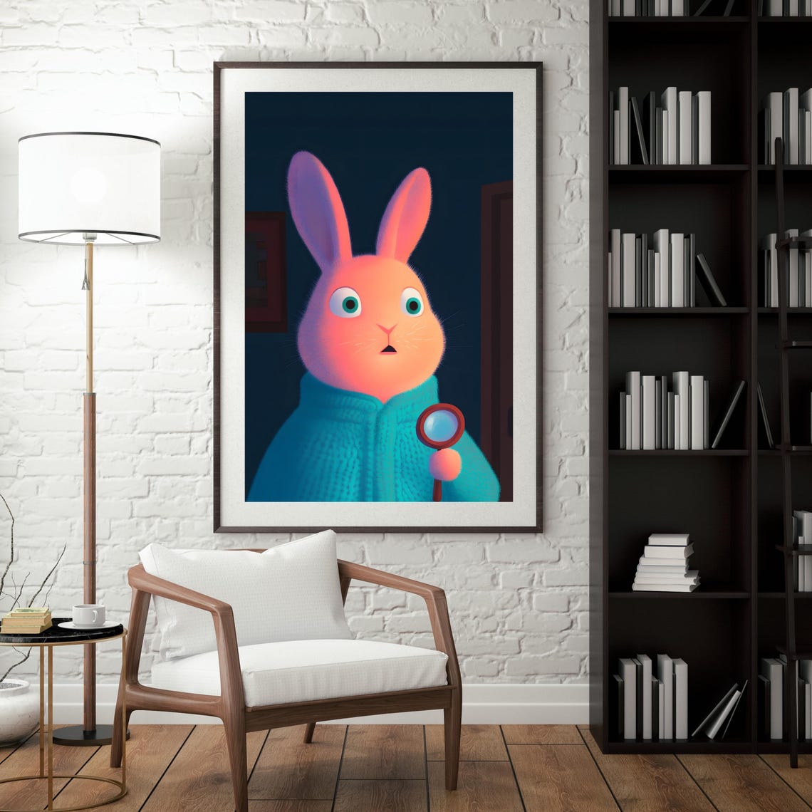 Detective Bunny With Magnifying Glass At Night Mystery Art Poster - Image 4