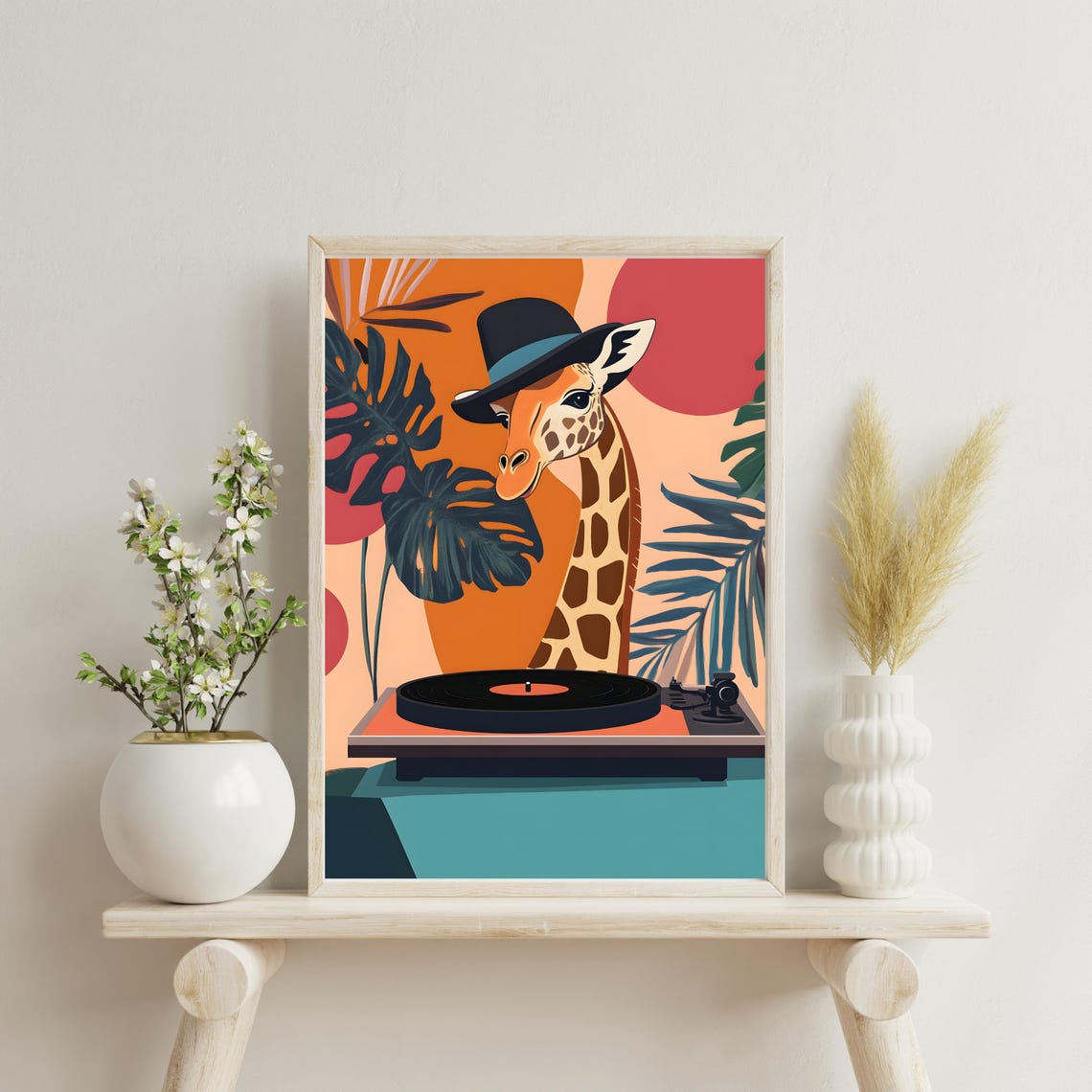 Stylish Giraffe in Hat Playing a Vinyl Record Player Retro Poster - Image 6