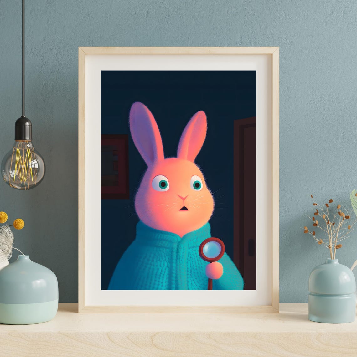 Detective Bunny With Magnifying Glass At Night Mystery Art Poster - Image 2