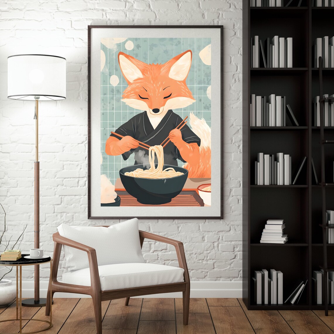 Fox Eating Ramen Noodles Cute Japanese Kitchen Animal Art Poster - Image 2