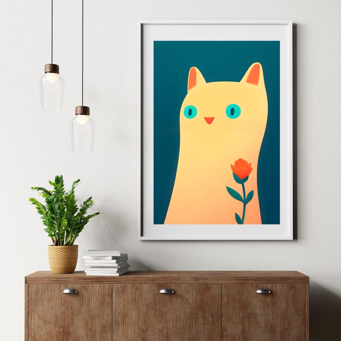 Minimalist Lemon Yellow Cat Holding a Rose on Dark Teal Poster - Image 4