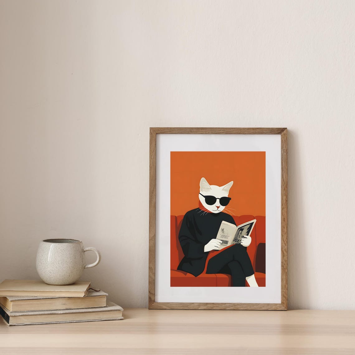 White Cat in Sunglasses Reading Newspaper on Red Sofa Poster - Image 7