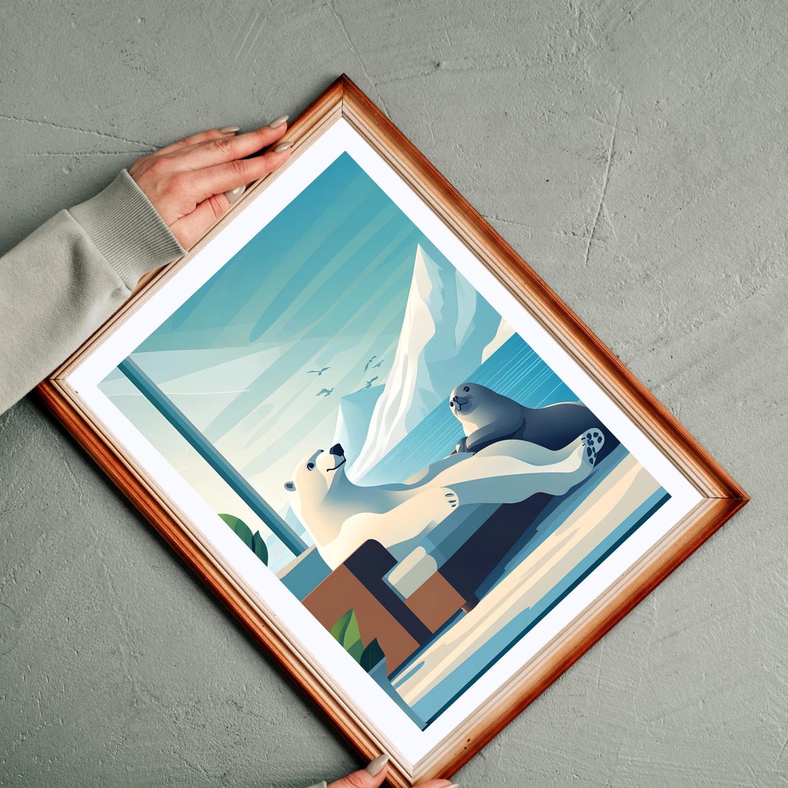 Polar Bear and Seal Relaxing on a Patio over the Arctic Bay Poster - Image 4