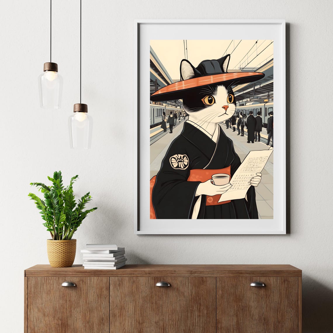 Cat in Kimono Sipping Tea at a Bustling Train Station Poster - Image 4