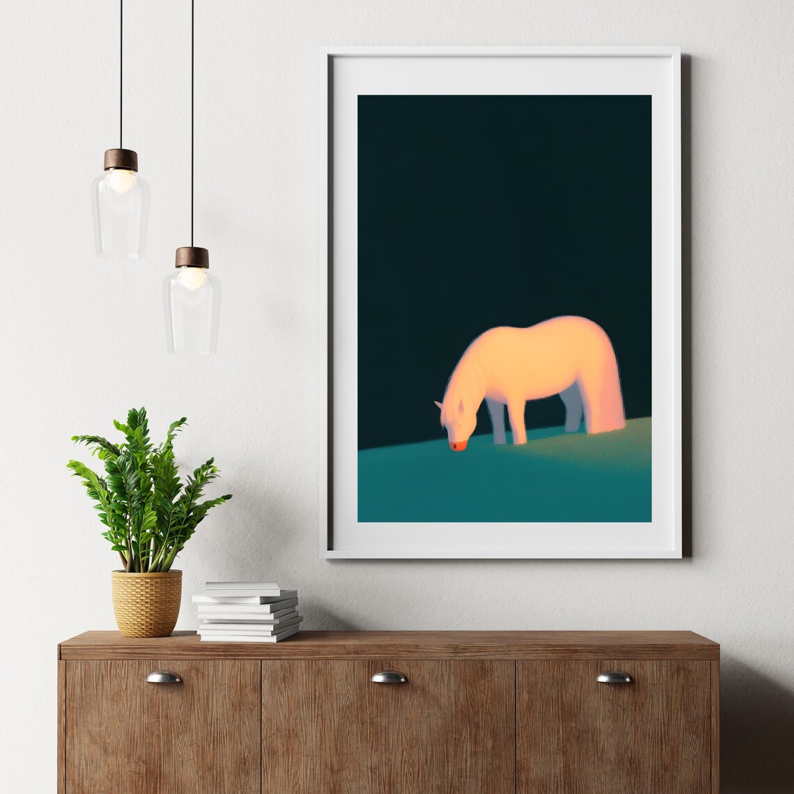 Enchanting White Horse Poster White Horse Wall Art Serene Horse Art Minimalist Animal Art Dreamy Horse Illustration - Image 2