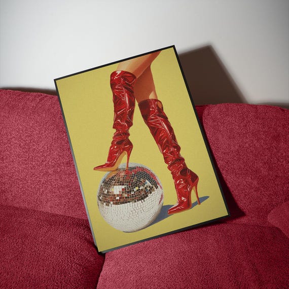 Red Boots Disco Ball Art Print Trendy Dopamine Decor Digital Download