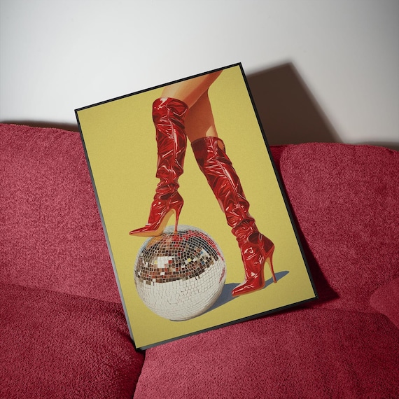 Red Patent Boots Disco Ball Trendy Dopamine Party Decor Poster