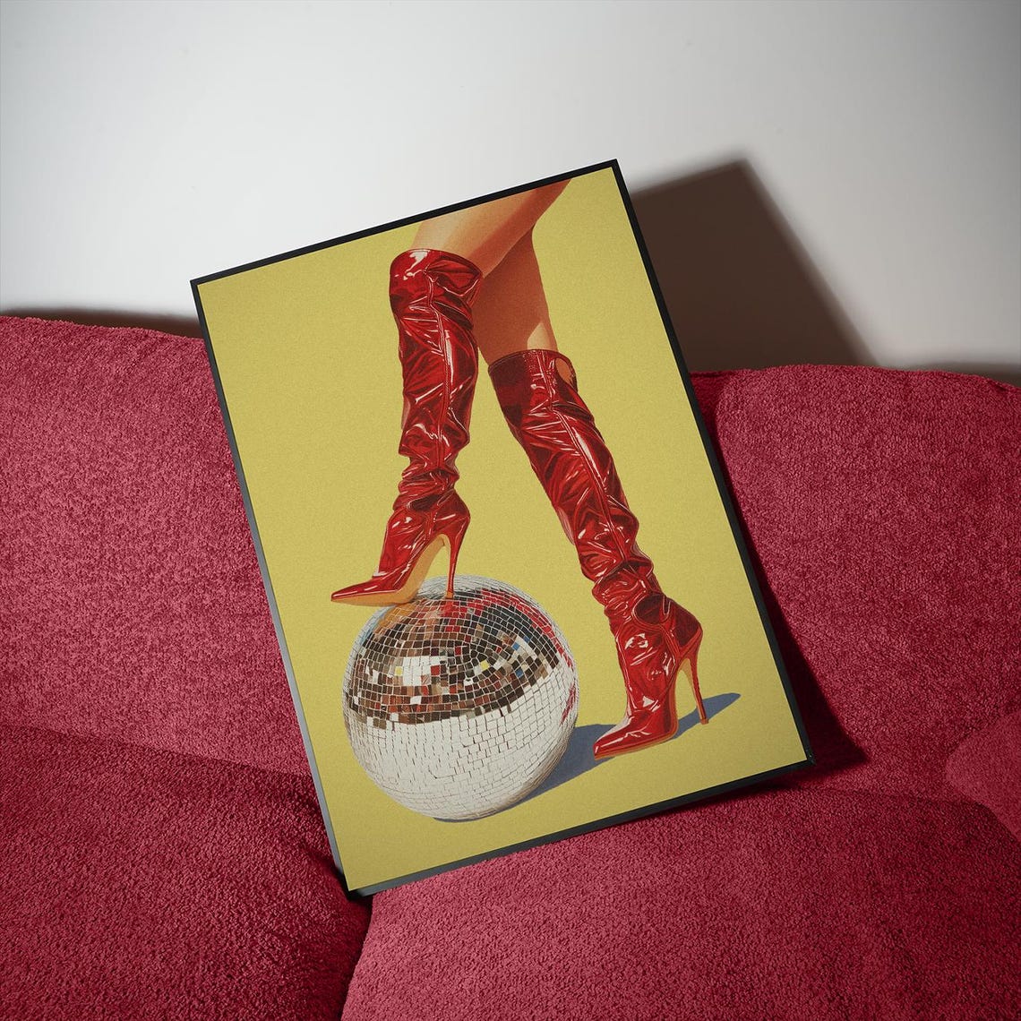 Red Boots Disco Ball Art Print Trendy Dopamine Decor Digital Download