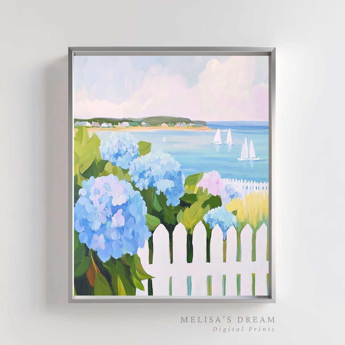 Hydrangea Blossoms Ocean View Sailboat Coastal Cottage Wall Art