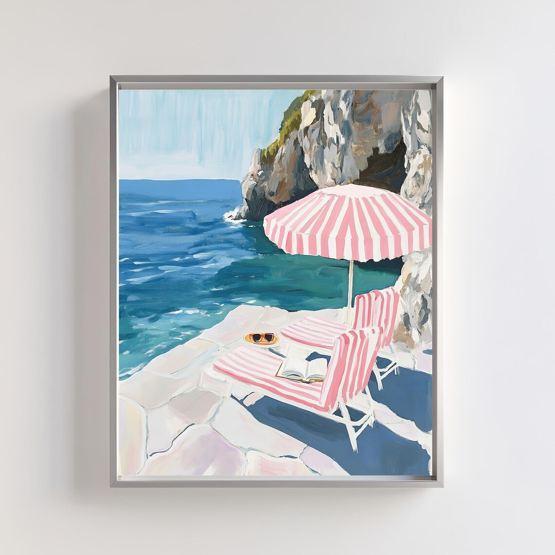 Pink Striped Umbrella And Chairs On Rocky Cliff Beach Art Poster