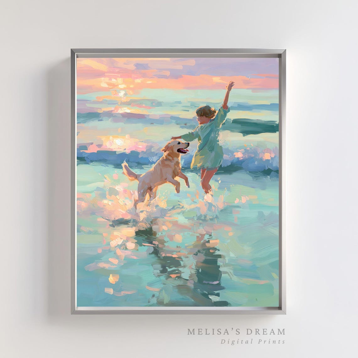 Girl Dancing With Dog In Ocean Waves Sunset Beach Painting Poster