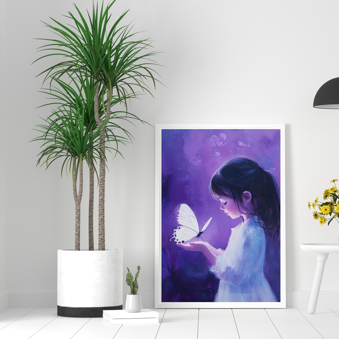 Girl Holding White Butterfly Purple Starry Night Dream Art Poster - Image 3