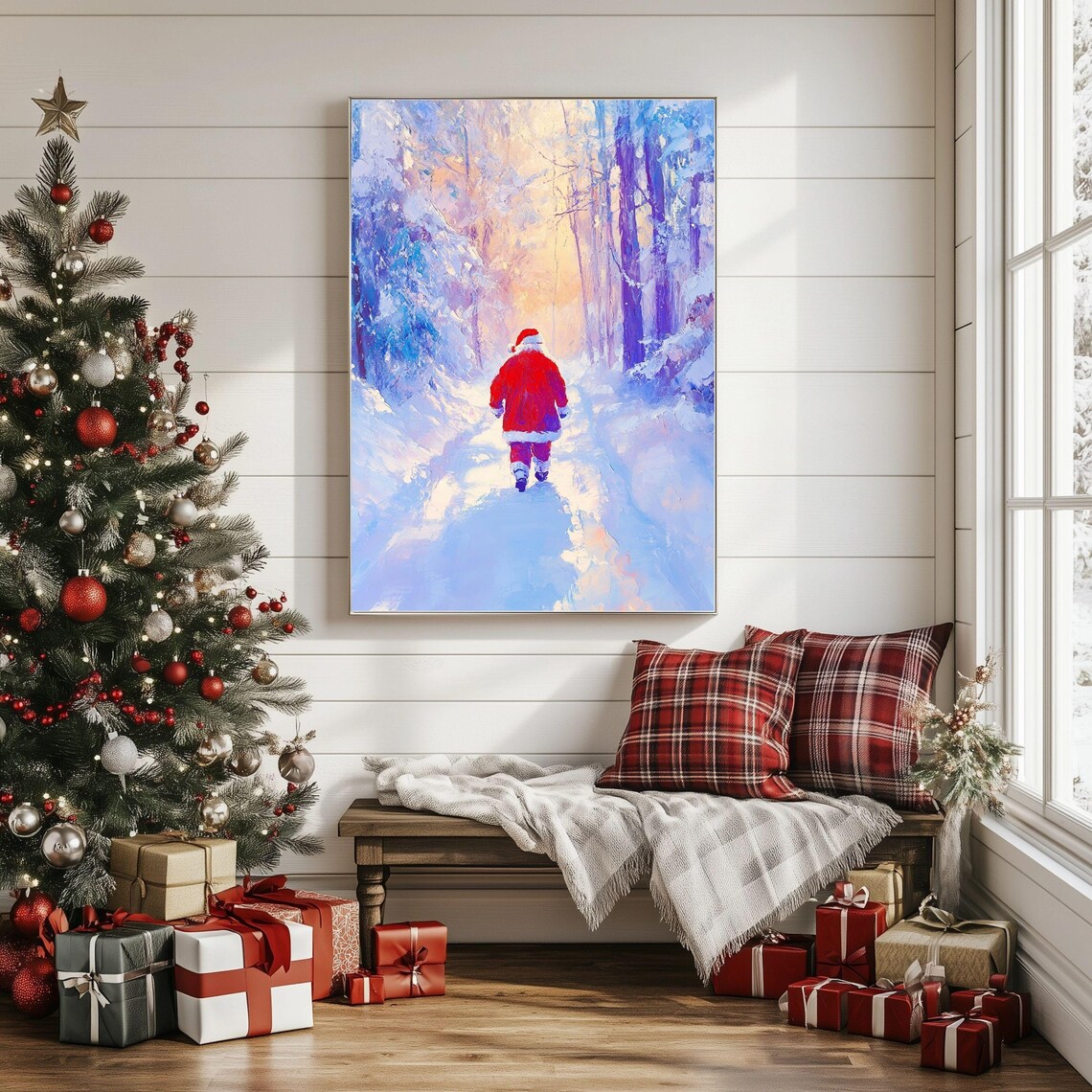 Santa Claus Walking Through Snowy Forest Christmas Eve Art Poster - Image 3