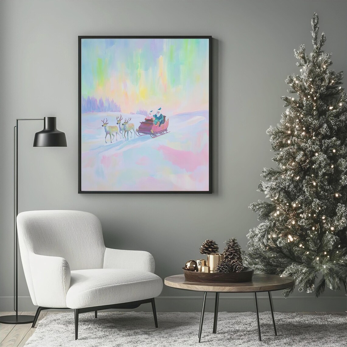Santa Sleigh Ride With Reindeer Pastel Aurora Christmas Art Poster - Image 3
