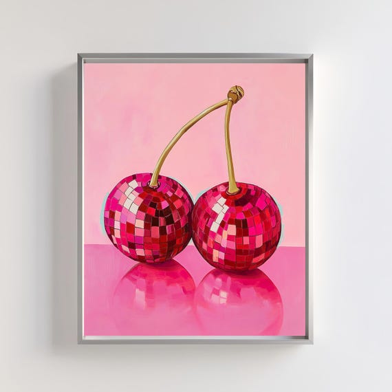 Cherry Disco Ball Art Print Pink Pop Fruit Poster Retro Glam Wall Decor For Kitchen Or Living Room Artwork