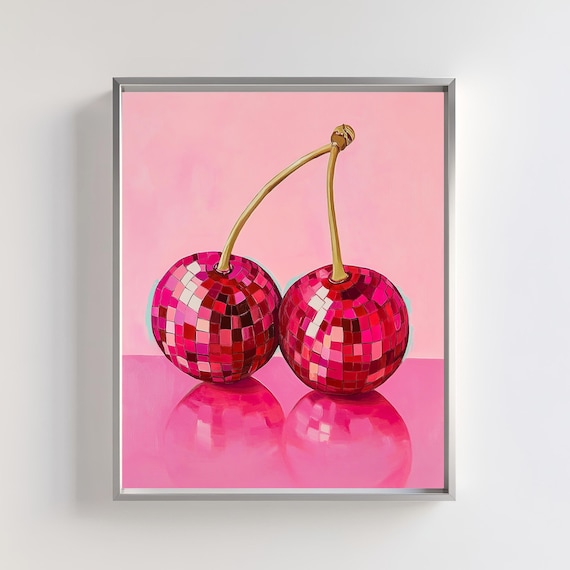 Cherry Disco Ball Pair Pink Glam Retro Fruit Wall Decor Art Poster