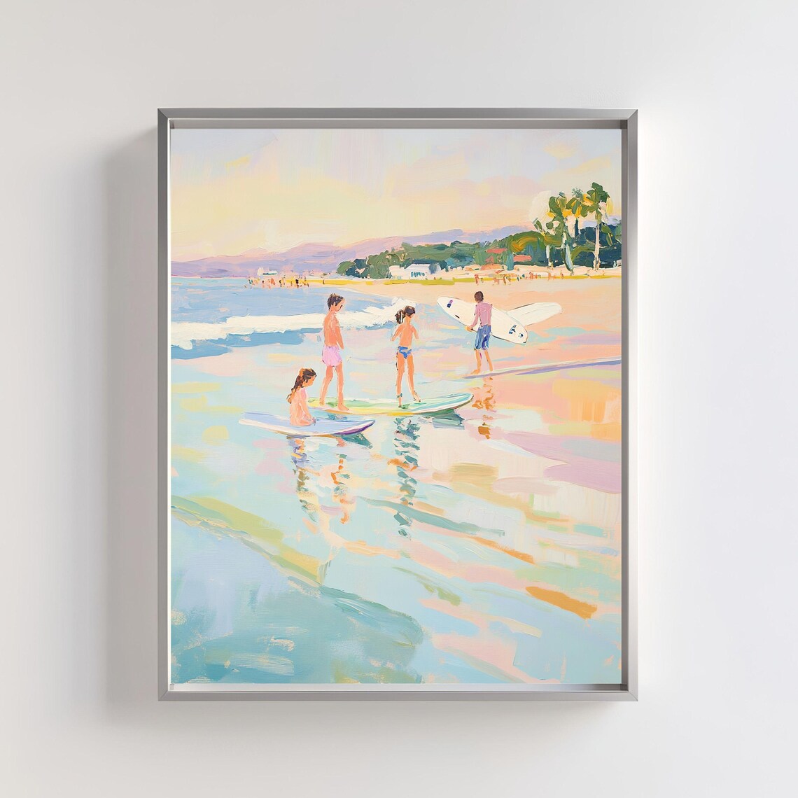 Kids Surfing Beach Art Print, Pastel Coastal Landscape