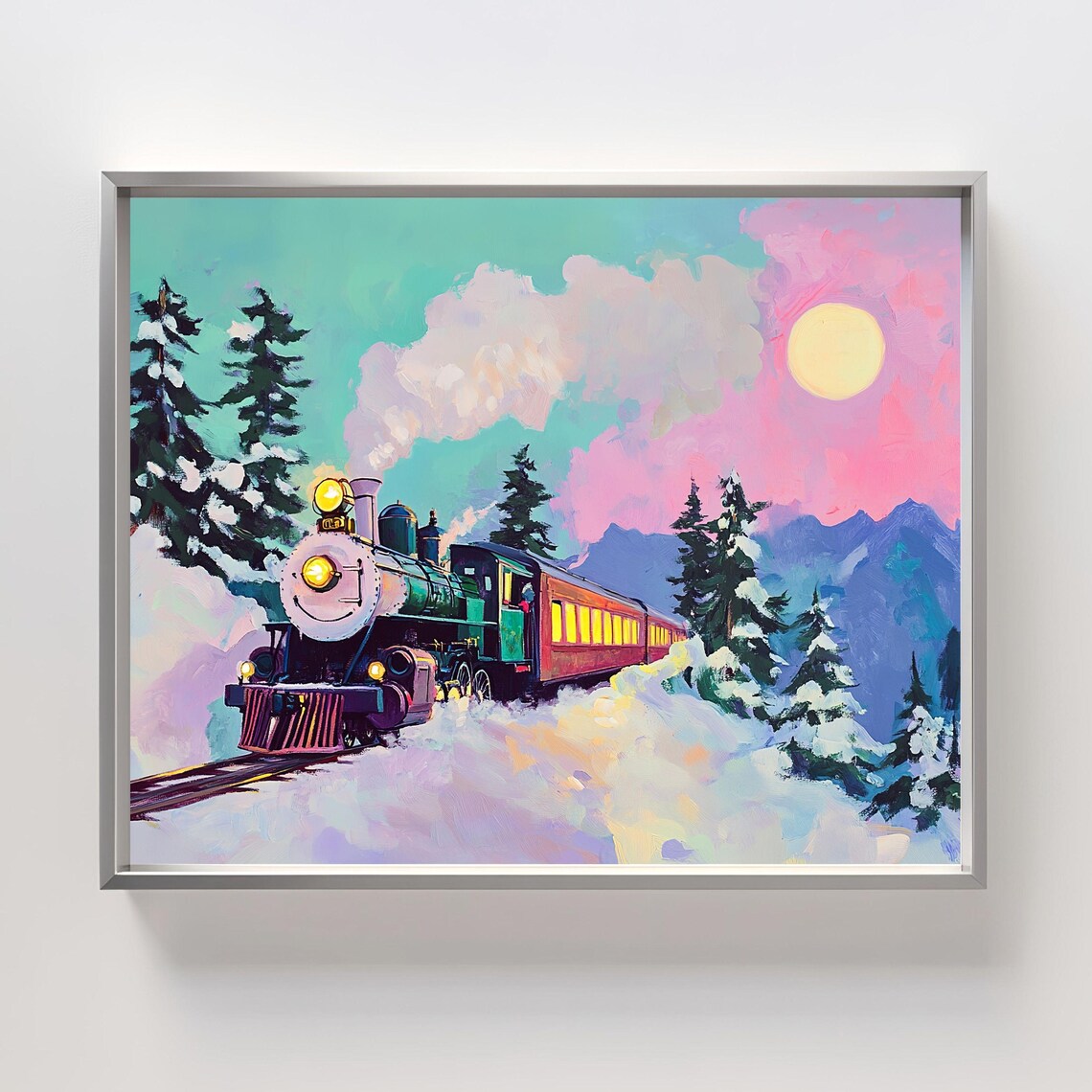 Christmas Steam Train In Snowy Mountains At Sunrise Holiday Poster