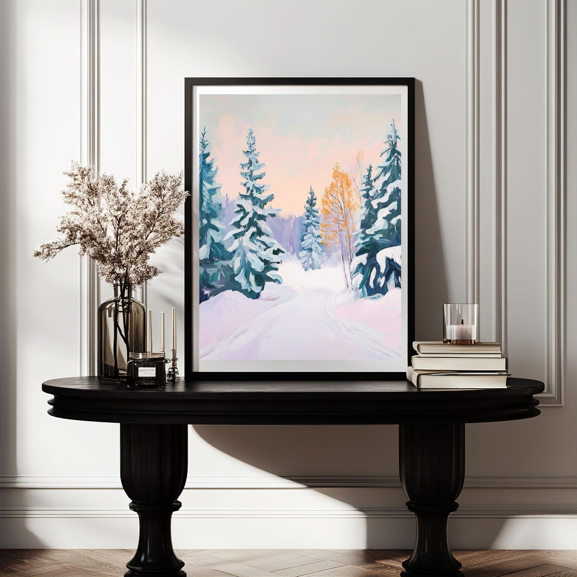 Snowy Pine Forest At Sunrise Soft Pastel Winter Landscape Art Poster - Image 2