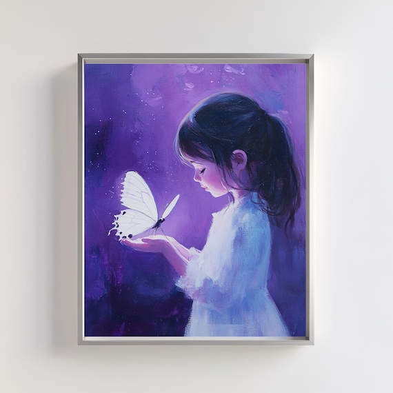 Girl Holding White Butterfly Purple Starry Night Dream Art Poster