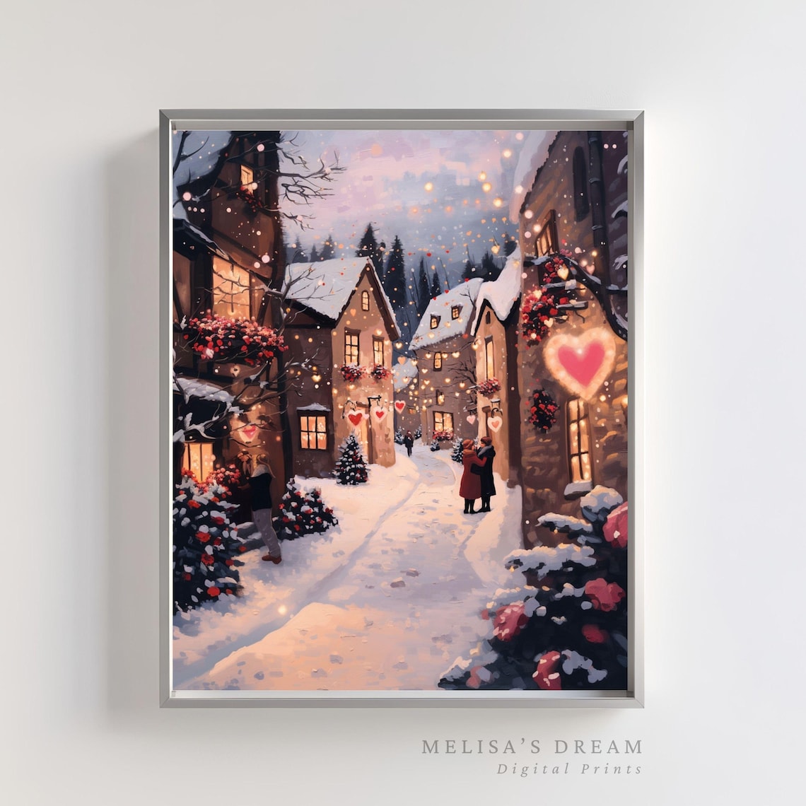 Romantic Snowy Village Street Hearts Winter Evening Lights Poster