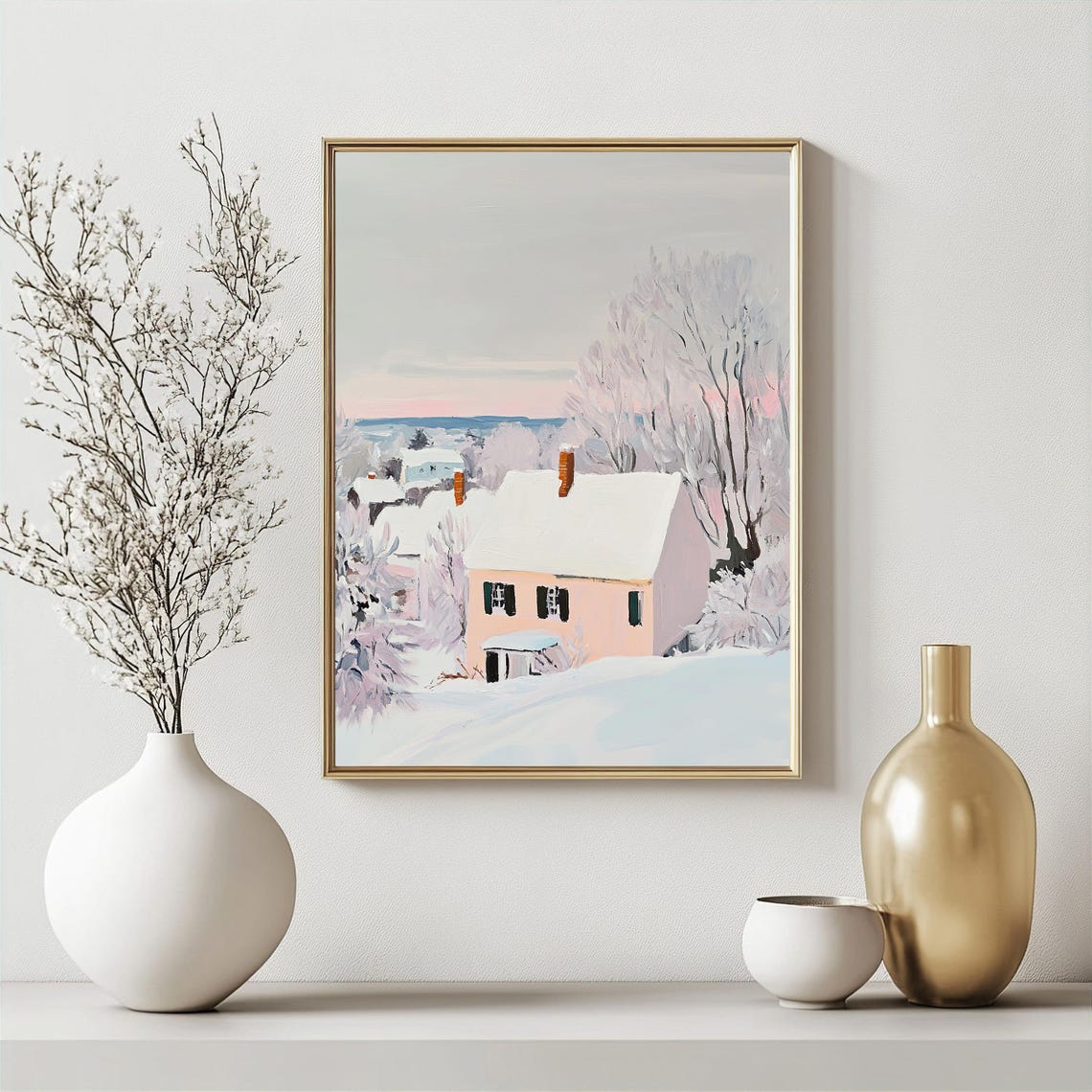 Winter Village Landscape Vintage Art Snowy Cottage Wall Decor Antique Farmhouse With Frosty Tree Cozy Winter Scenery - Image 4