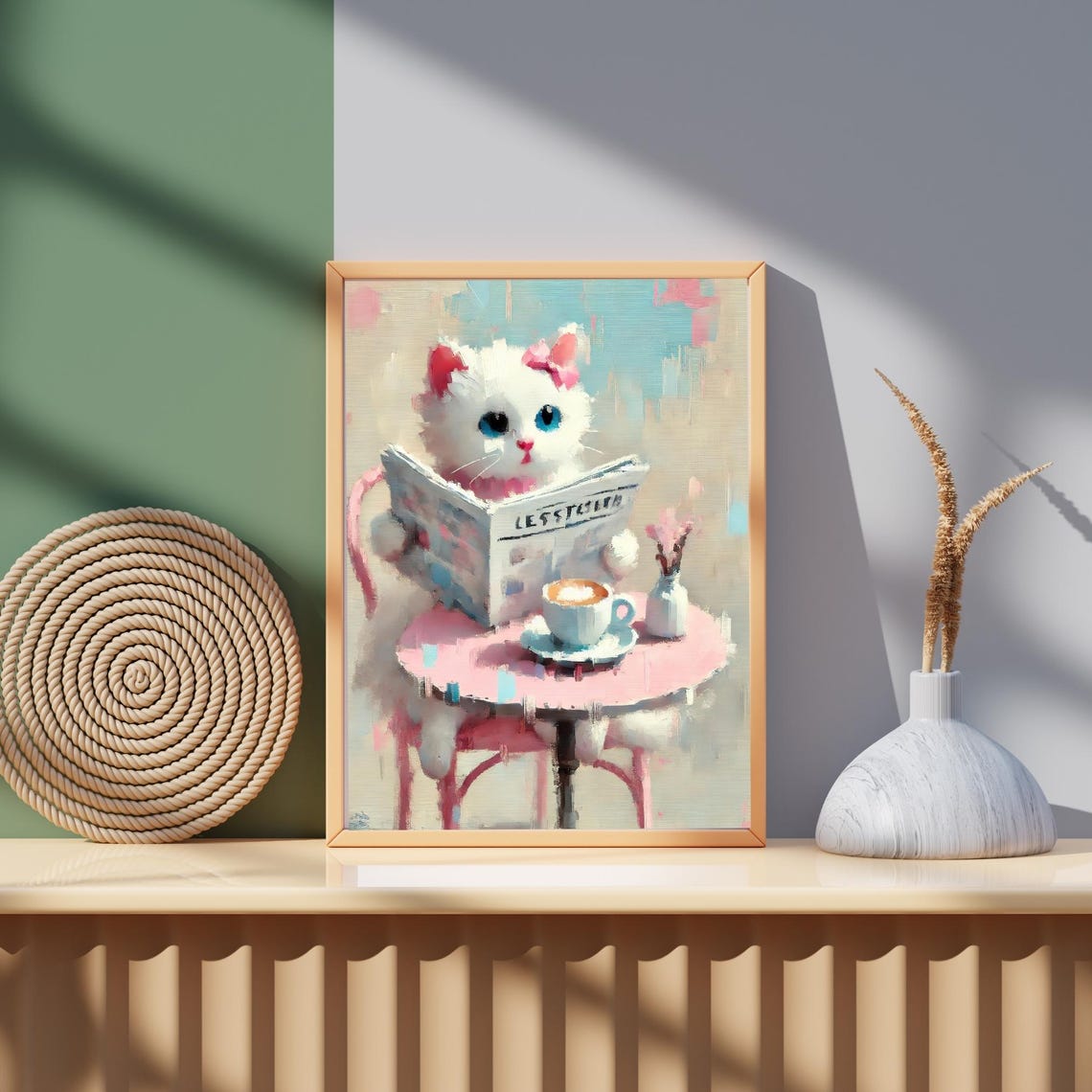 White Kitten With Bow Reading Newspaper Pink Cafe Animal Poster - Image 3