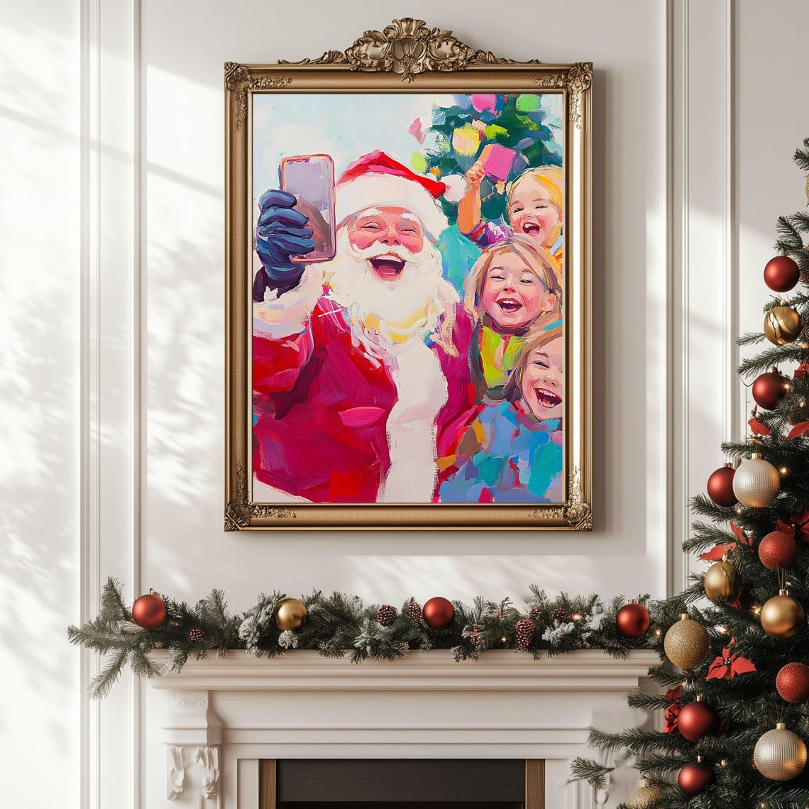 Santa Taking A Selfie With Laughing Kids Colorful Christmas Art Poster - Image 2
