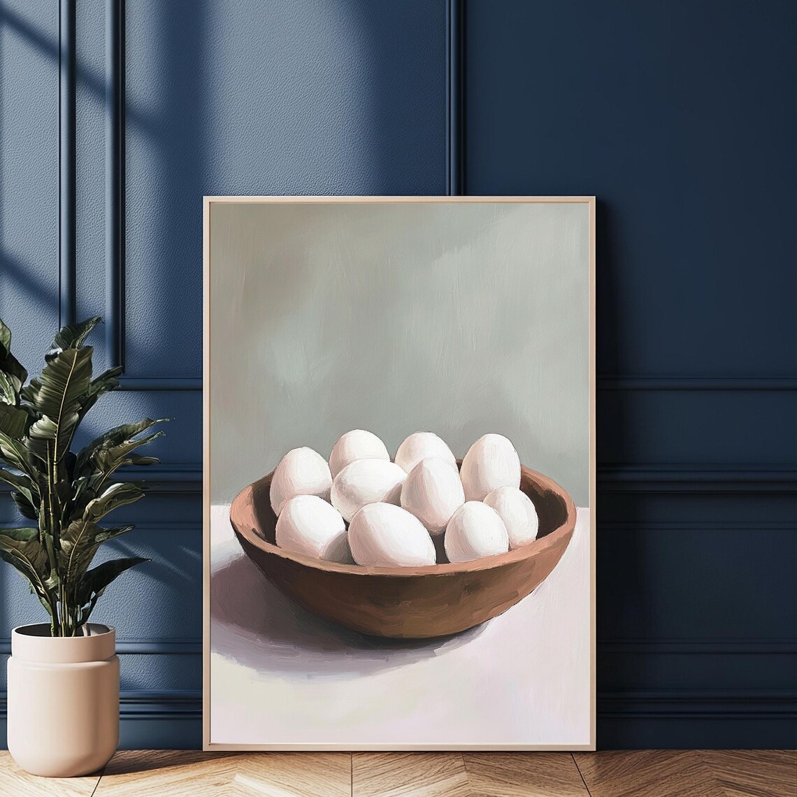 Simple Wooden Bowl Of White Eggs Neutral Rustic Kitchen Art Poster - Image 2