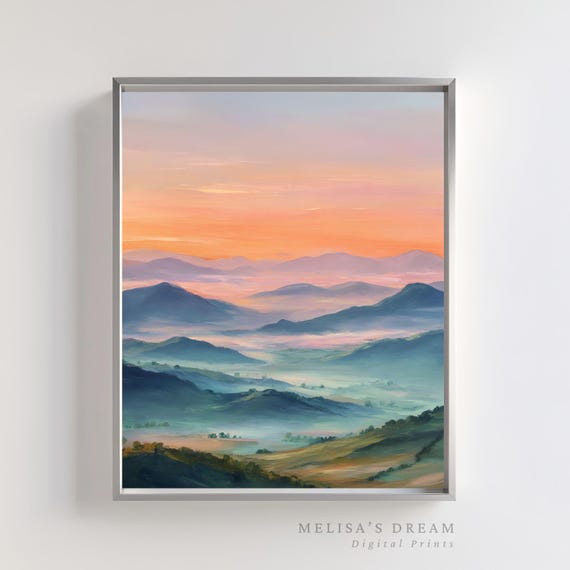 Mountain Landscape Art Pastel Sunset Over Misty Hills Serene Nature Minimalist Home Decor Dreamy Zen Bedroom Print