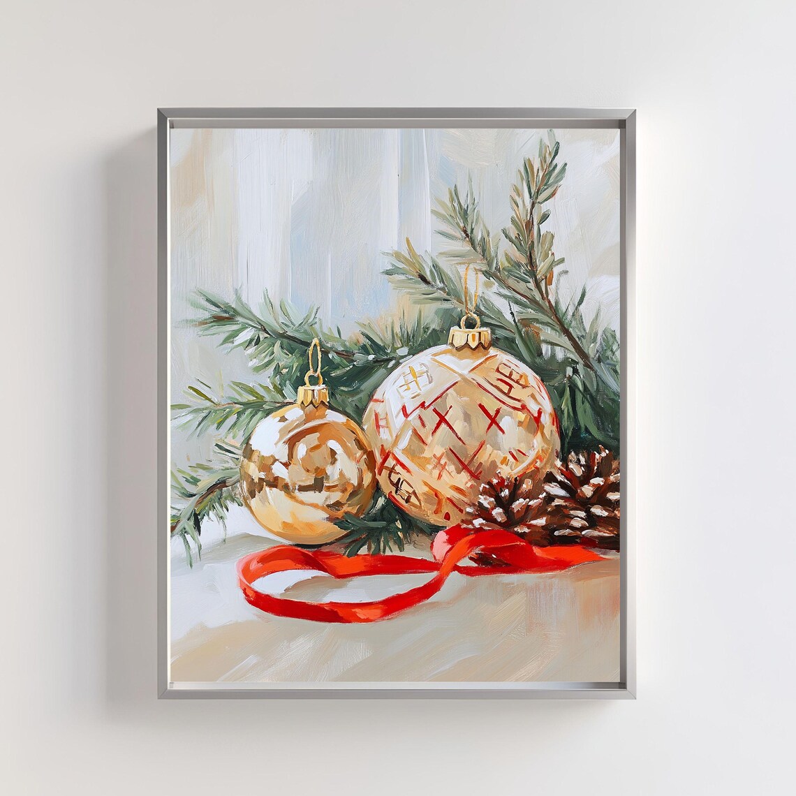 Elegant Golden Christmas Ornaments With Red Ribbon Art Poster