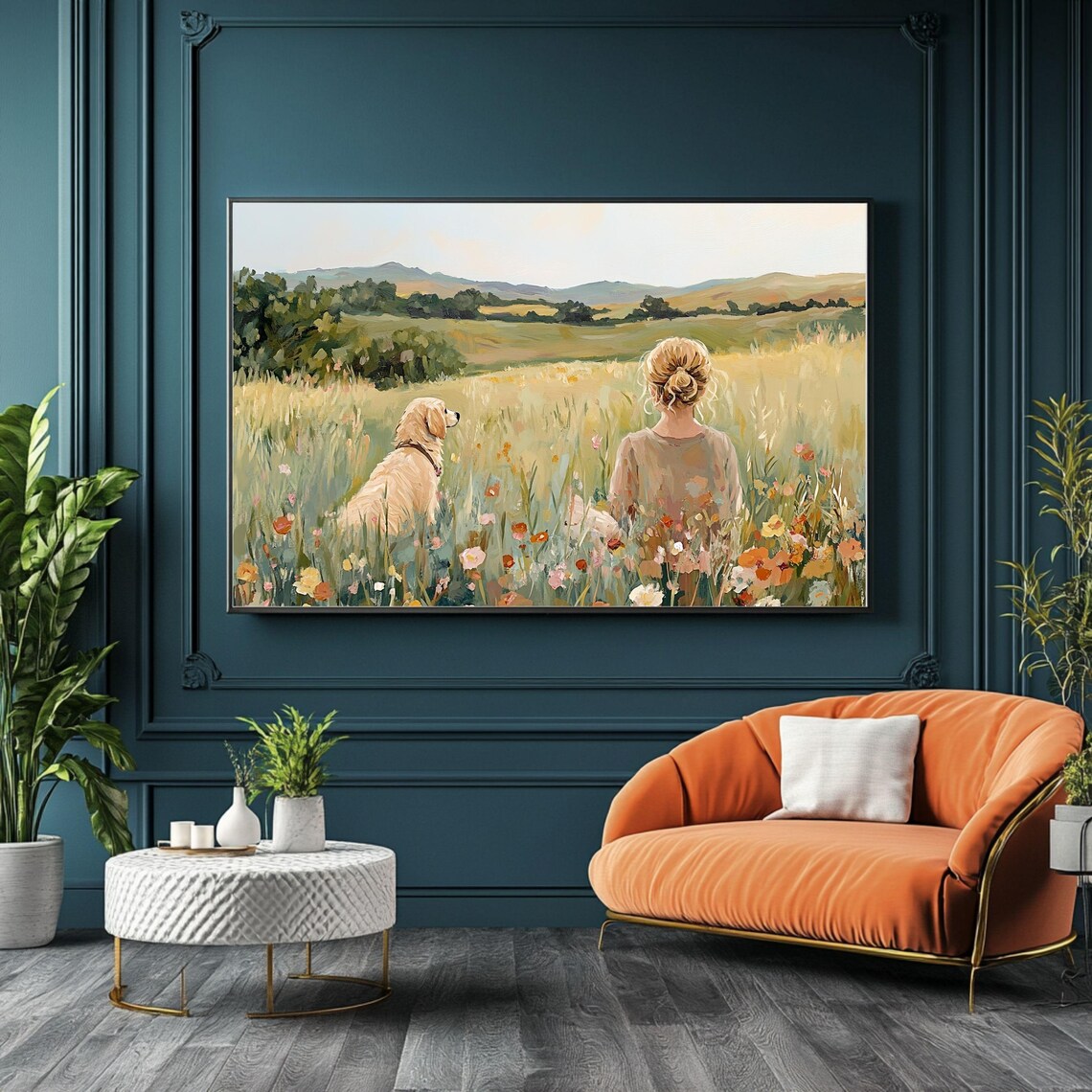 Girl And Golden Retriever in Wildflower Field Art Print - Image 2