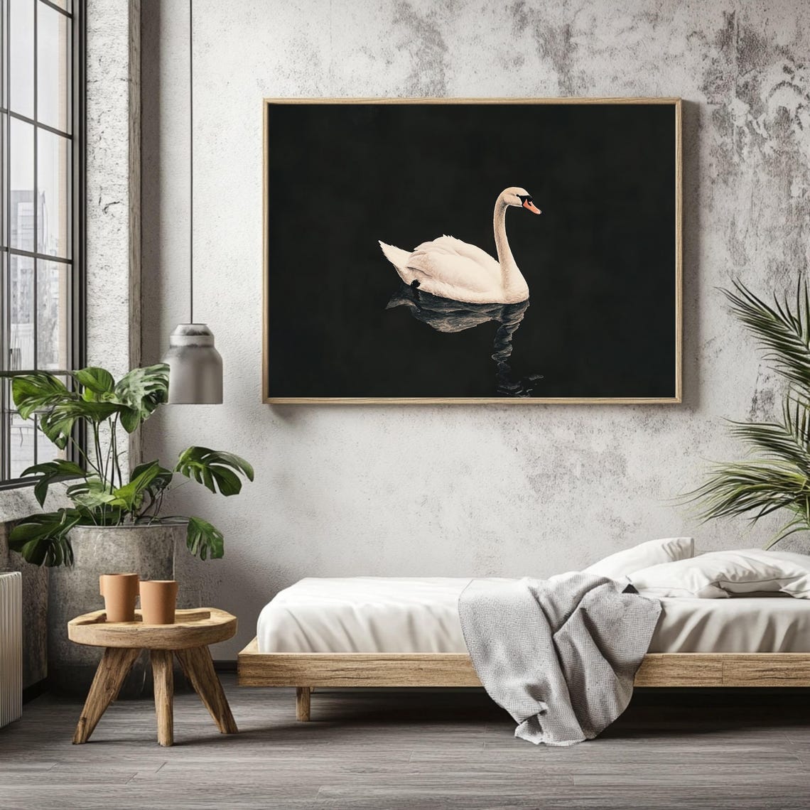 White Swan On Dark Water Minimalist Wildlife Reflection Art Poster - Image 3