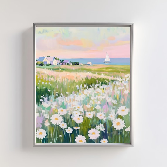 Coastal Daisy Meadow With Sailboat On Blue Horizon Art Poster