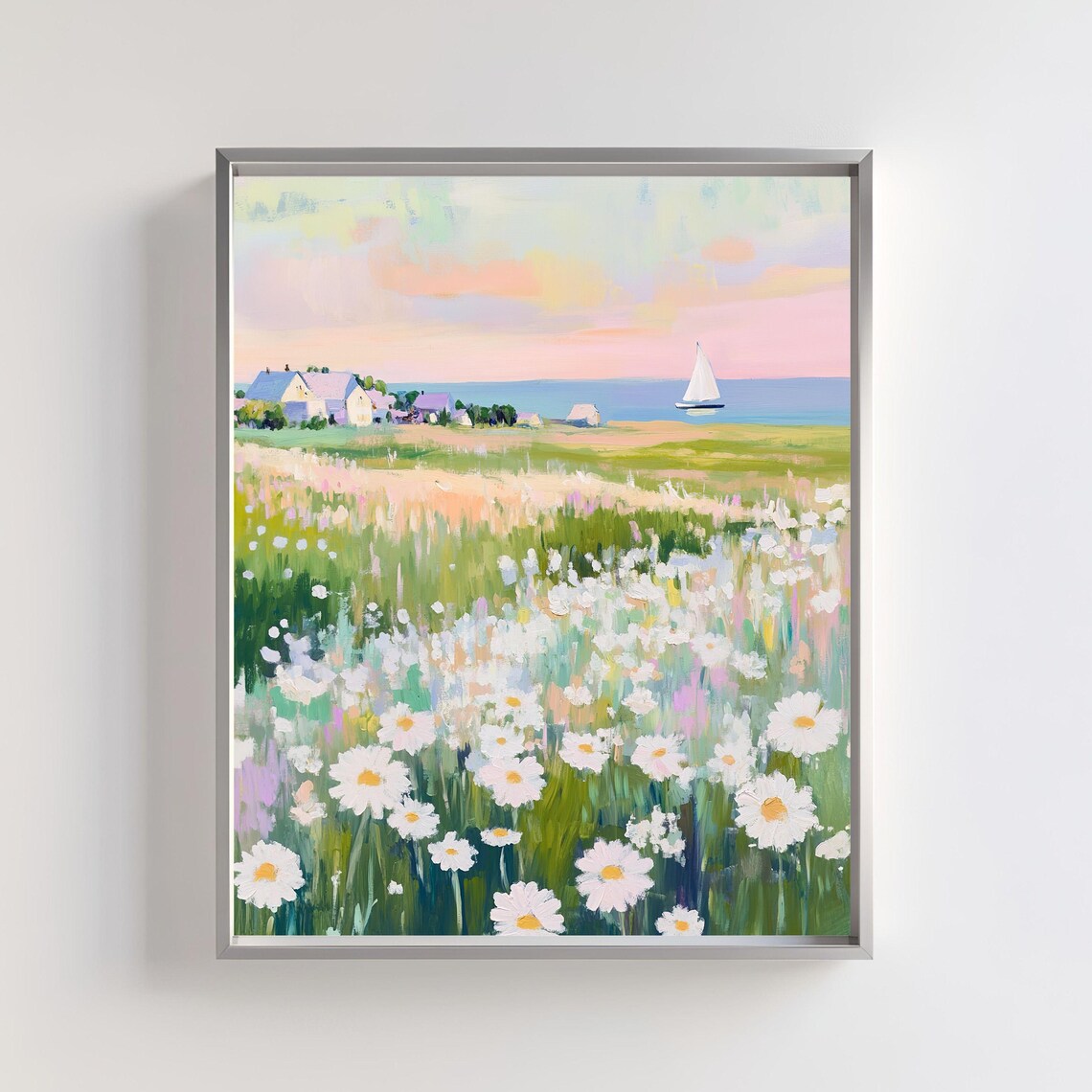 Coastal Daisy Meadow With Sailboat On Blue Horizon Art Poster