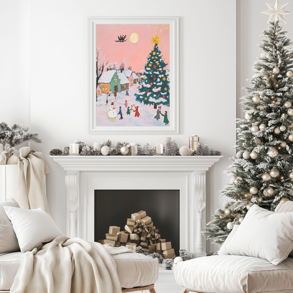 Pink Sky Christmas Village With Santa Sleigh Flying Art Poster - Image 3