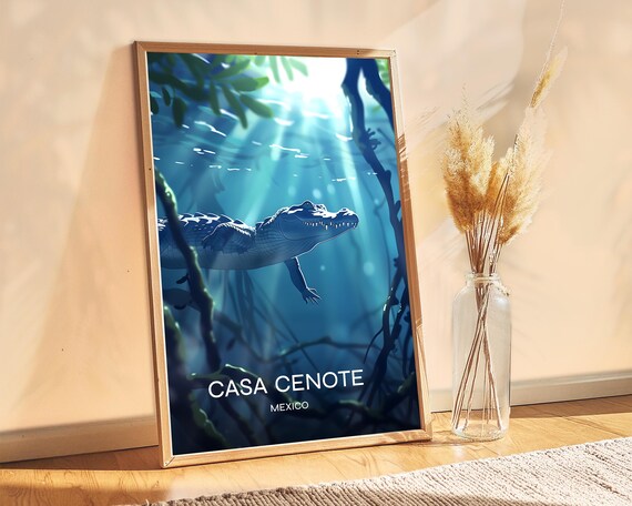 Casa Cenote Mexico Crocodile Underwater Mangrove Dive Travel Poster