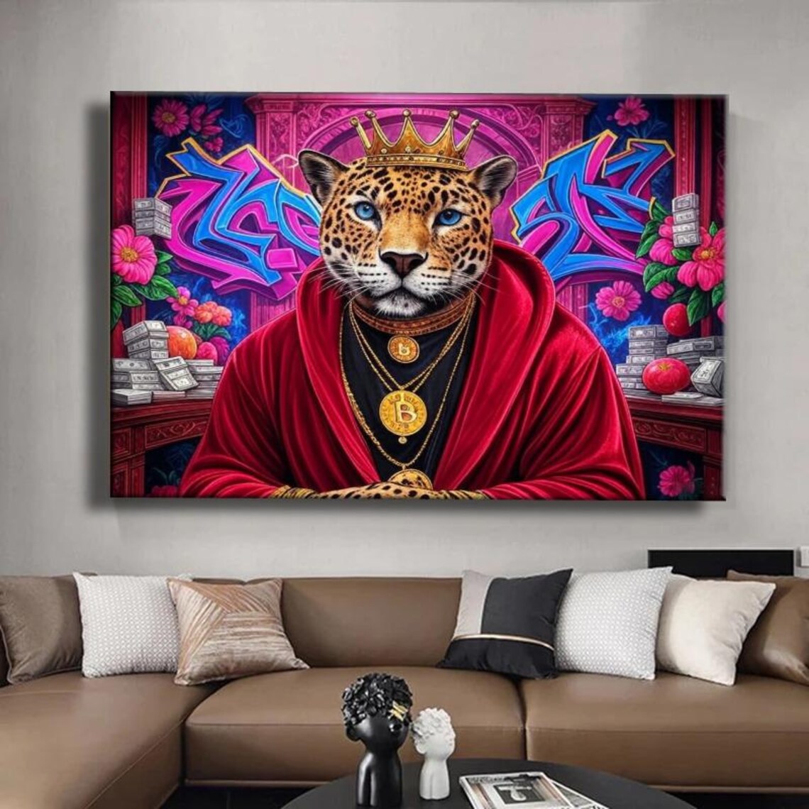 Royal Leopard Print Graffiti Street Art Bitcoin King Luxury Bold Urban Pop Art Print Wall Decor For Modern Space - Image 2