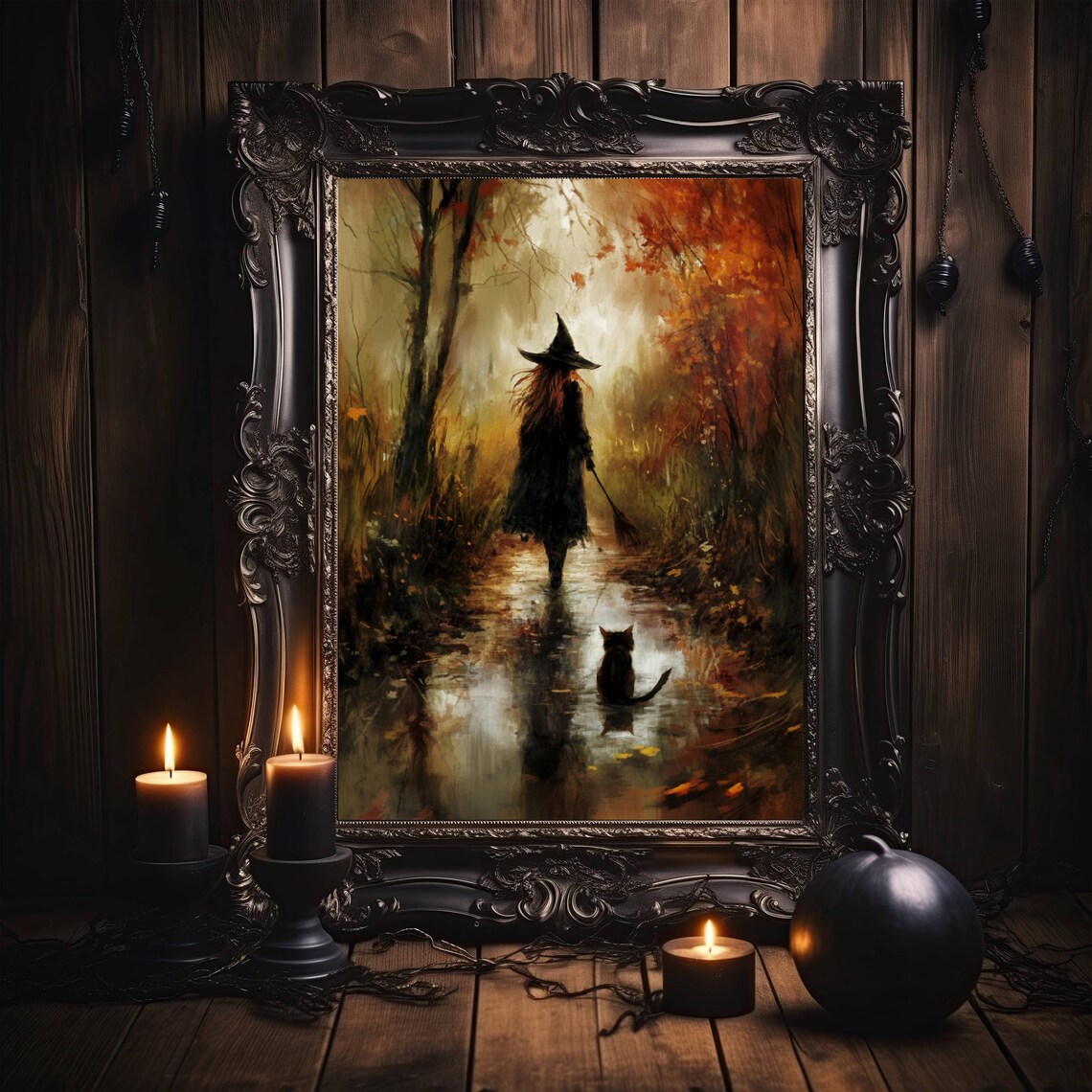 Halloween Witch And Black Cat, Dark Academia Art Print