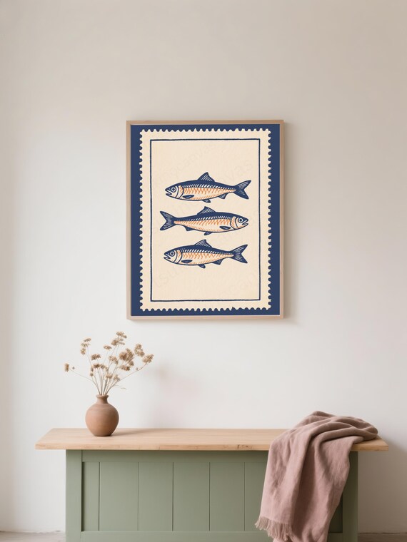 Vintage Sardines Postage Stamp Coastal Kitchen Nautical Art Poster