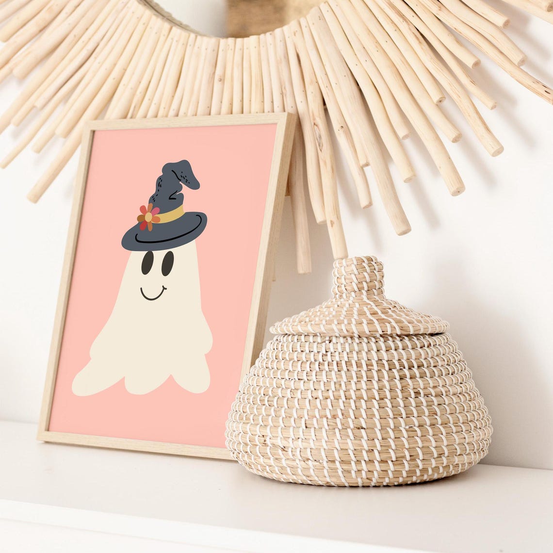 Smiling Ghost Witch Hat Floral Pink Background Cute Halloween Poster - Image 2