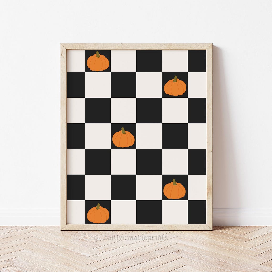 Orange Pumpkins on Black and Cream Checkerboard Halloween Poster