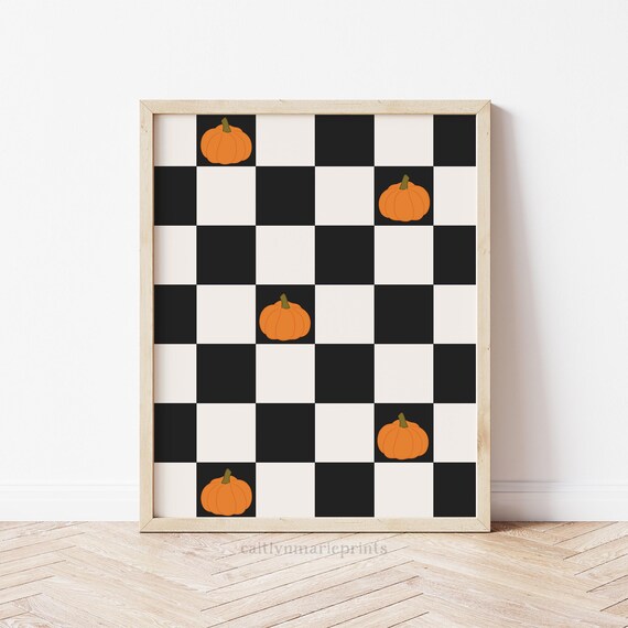 Orange Pumpkins on Black and Cream Checkerboard Halloween Poster
