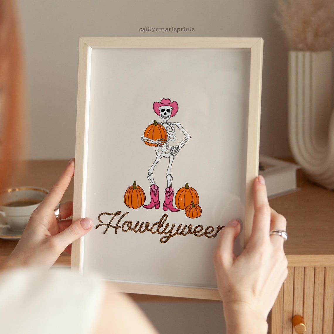 Howdyween Cowboy Skeleton with Pink Boots and Pumpkins Poster - Image 3